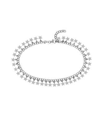 925 Sterling Silver 10 Inch Rhodium Plated Round Link With Hanging Stars Adjustable Anklet Anklet