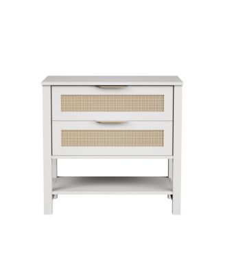 Rattan Nightstand - Bedside Table with 2 Drawers, Open Storage Shelf and Gold Drawer Handles for Bedroom, Living Room, Hallway.