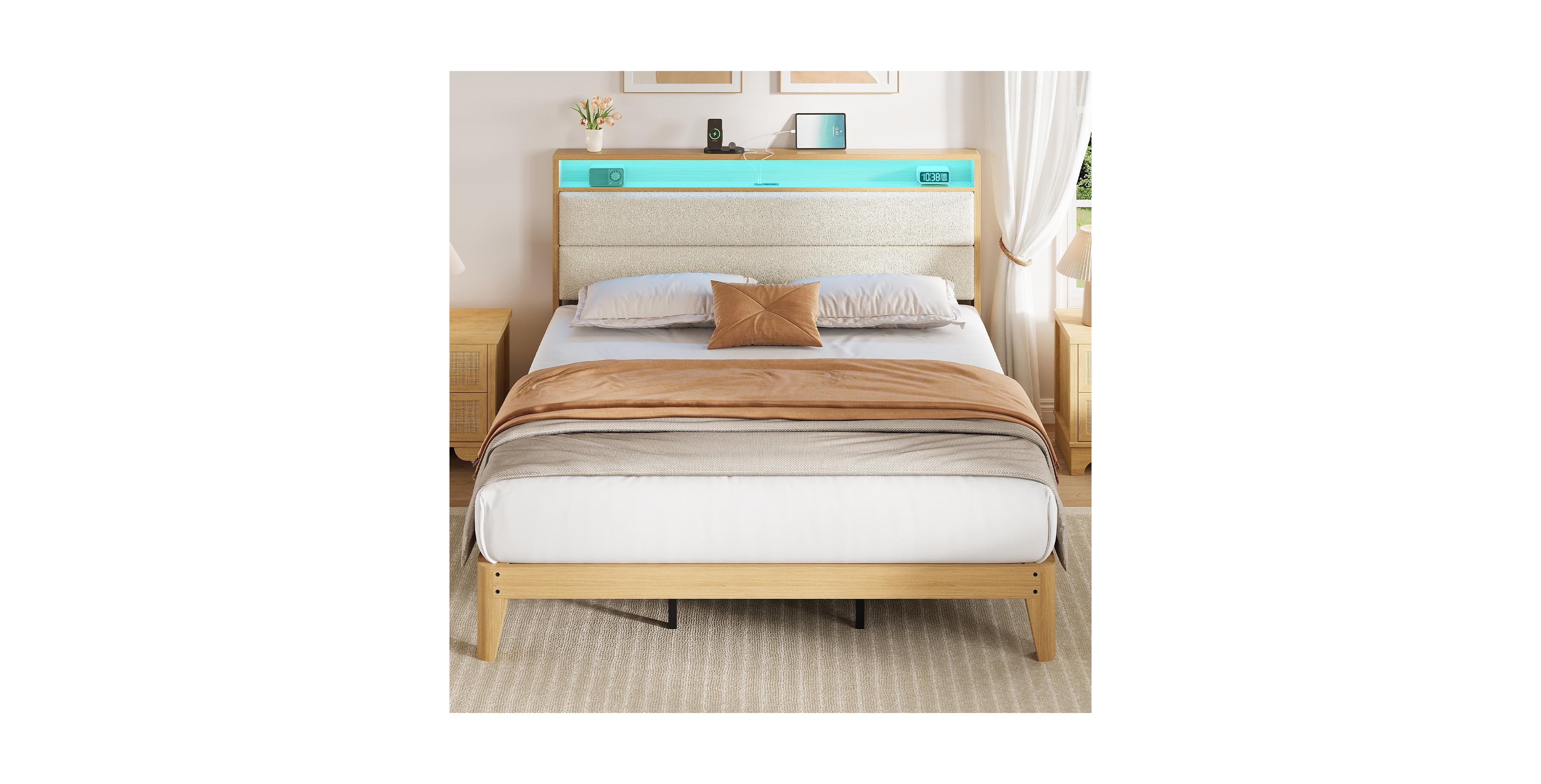gaomon Boucle Upholstered Bed Frame with Led Lights and Charging Station with 2-Tier Storage Shelves