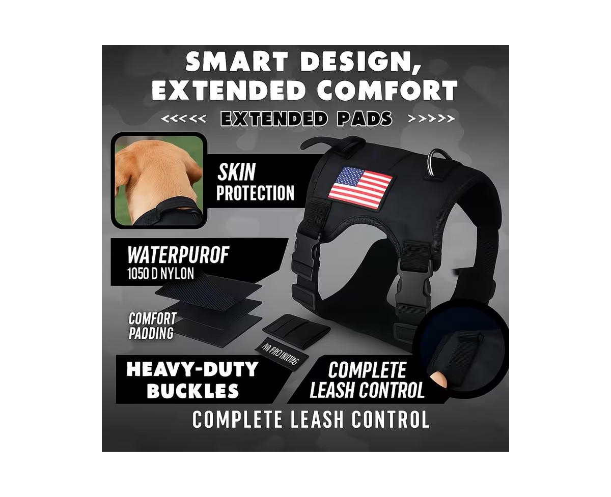 Dg-hrnss-blk Durable Tactical Dog Harness Breeds, Featuring an Adjustable Vest with Handle, Camouflage Patches