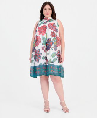 Plus Size Printed Mock-Neck Sleeveless Dress