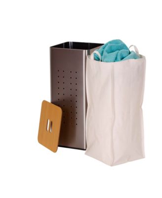 Square Metal Hamper with Engineered Wooden Lid, Stainless Steel