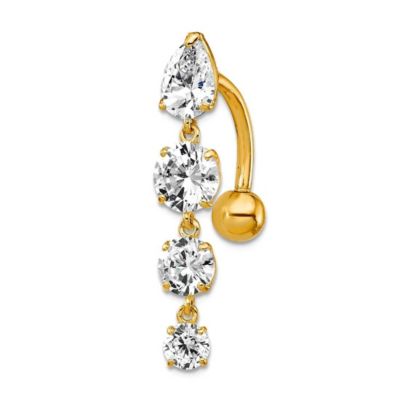 Curata Jewelry Solid 10k Yellow or White Gold 14g Graduating Pear and Round Cubic Zirconia Belly Ring Dangle 28x5mm - Yellow gold 340$