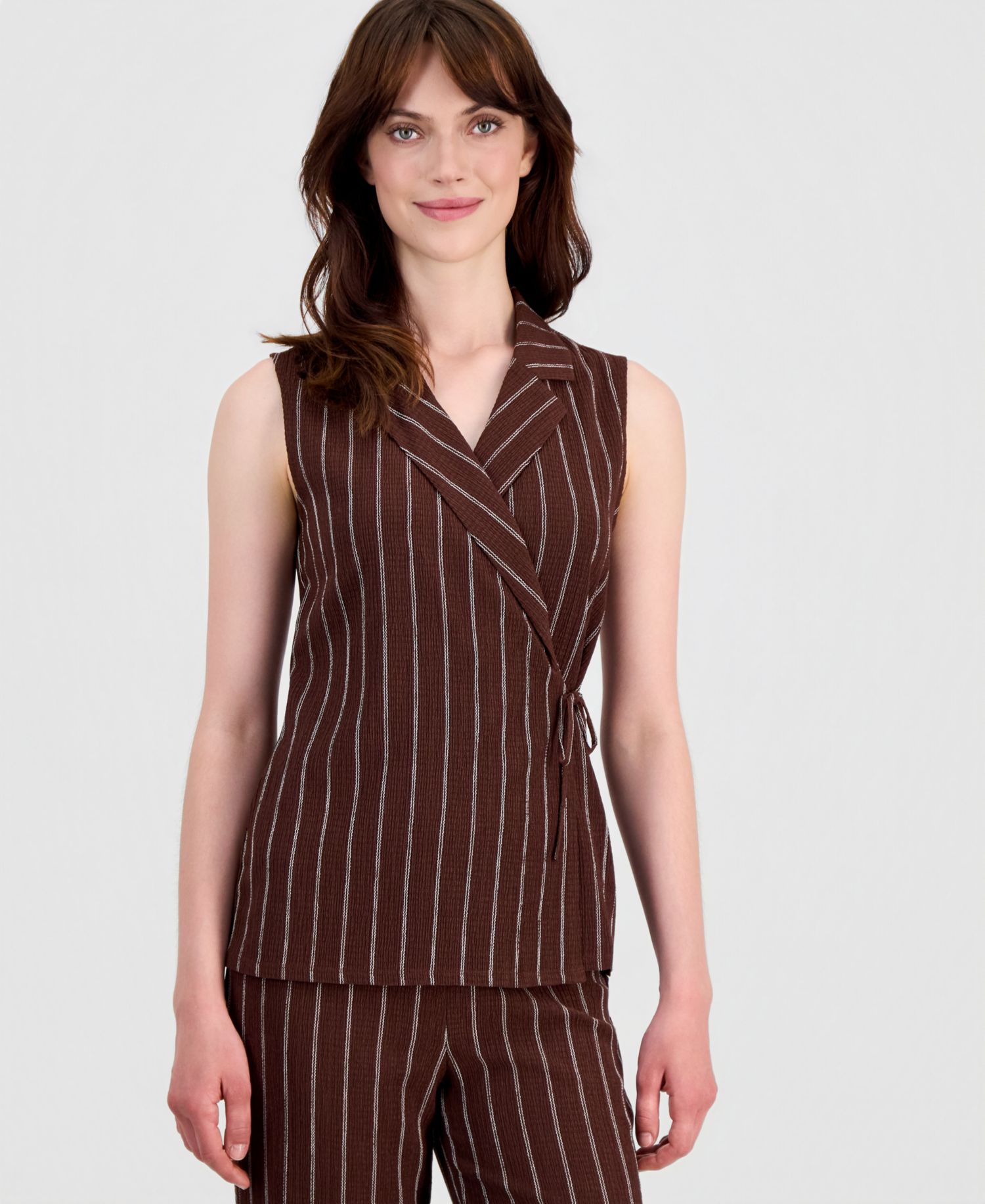 Women's Striped Textured-Knit Sleeveless Wrap Top, Regular & Petite