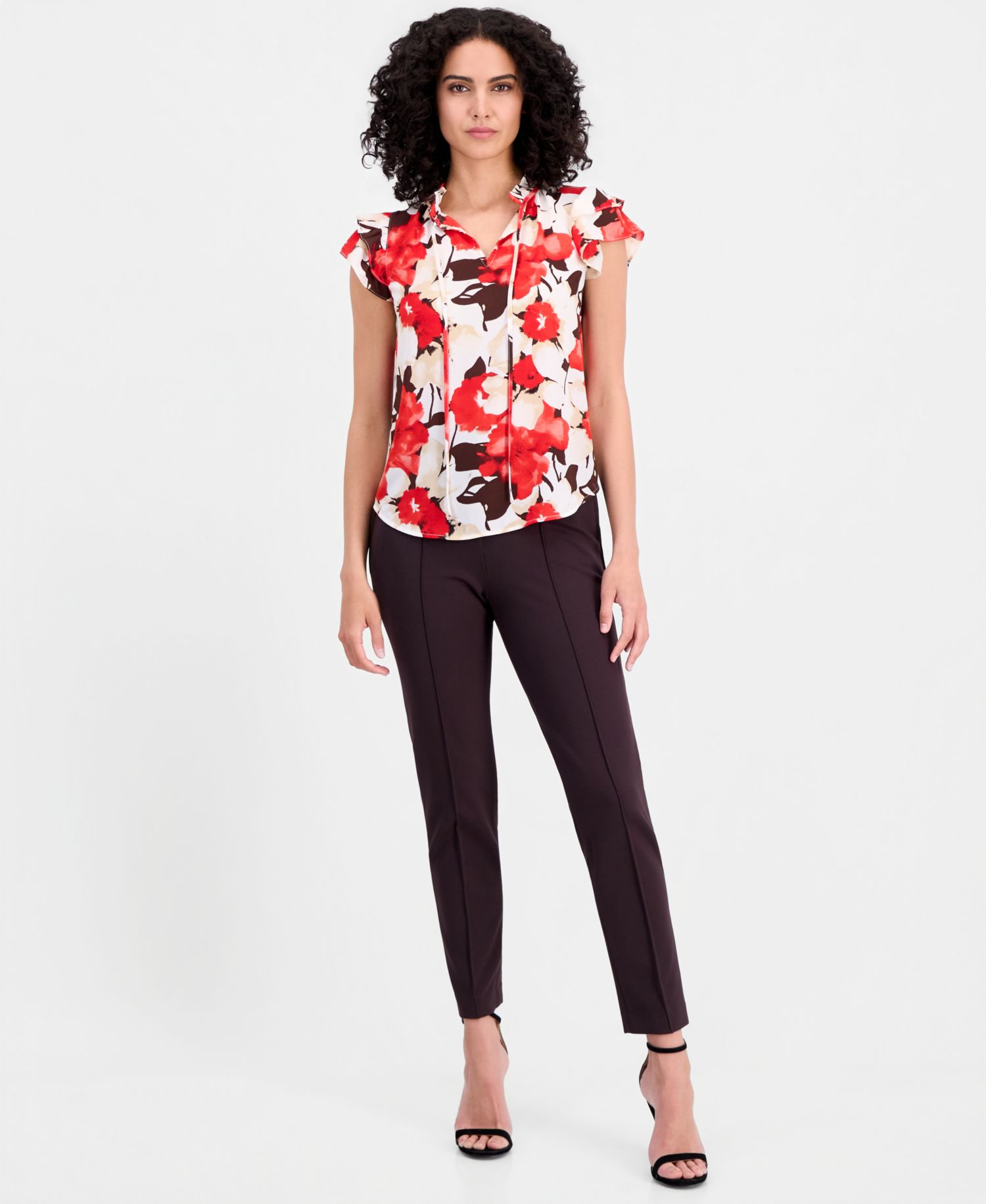 Petite Tie-Neck Ruffle-Sleeve Top