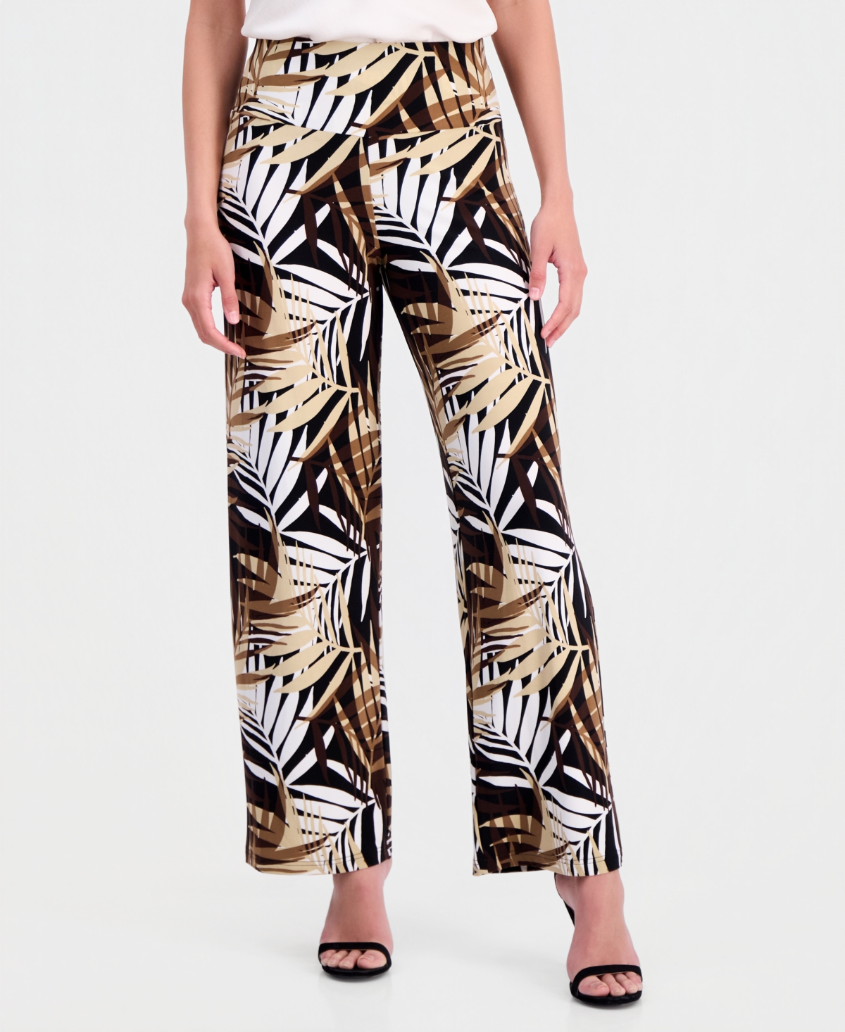 Anne Klein Women's Palm-Print High-Rise Wide-Leg Pants