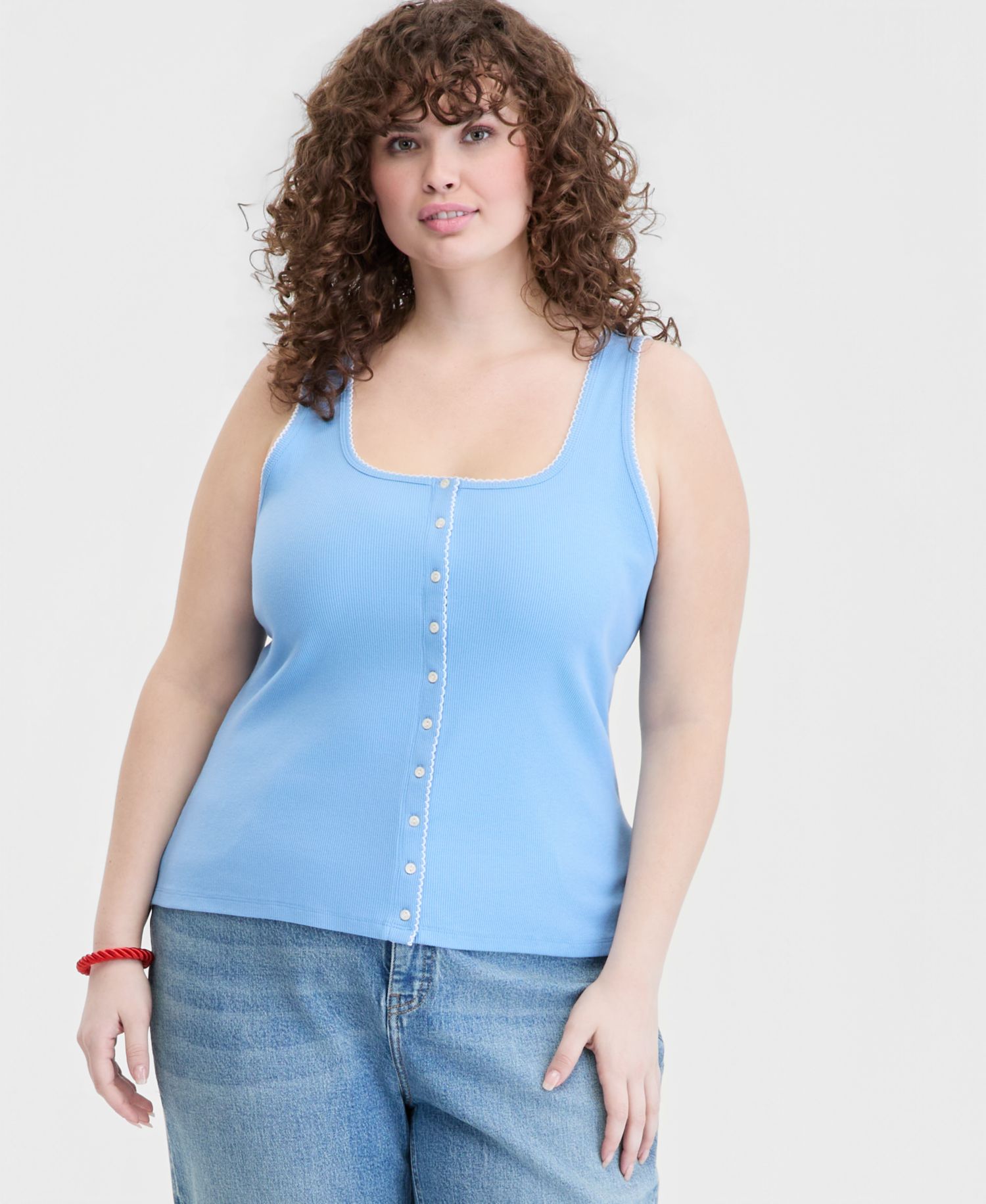 Women's Button-Down Contrast-Stitch Rib Tank Top