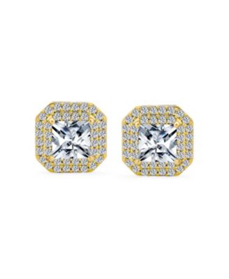 CZ Halo Princess Cut Cubic Zirconia Statement Stud Clip On Earrings Gold Plated