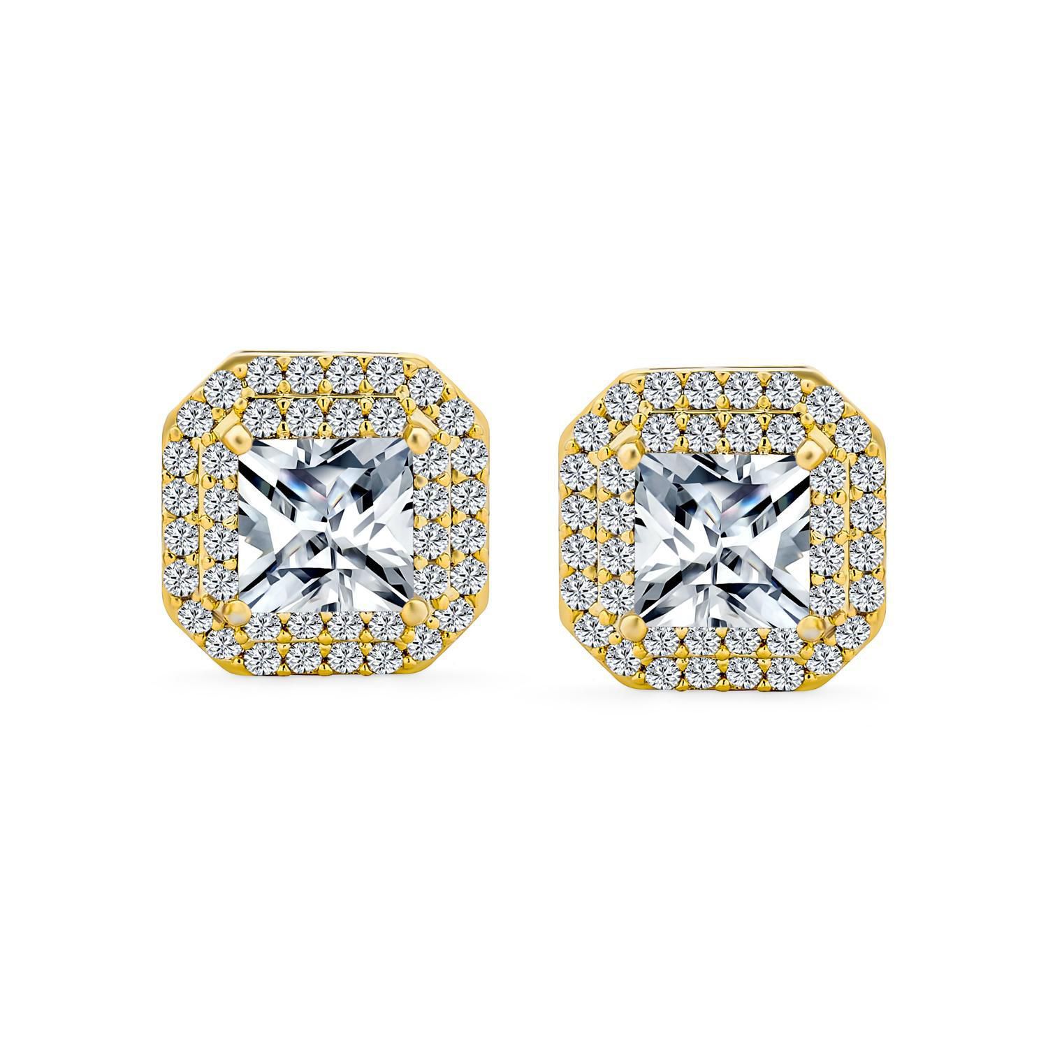 CZ Halo Princess Cut Cubic Zirconia Statement Stud Clip On Earrings Gold Plated