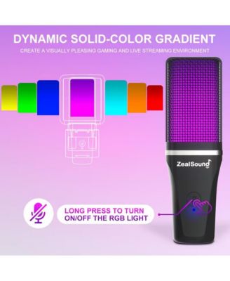 Plug&Play Gaming USB Microphone with Type-C Adapter for PC, RGB Condenser Computer Mic with Tripod Stand & Boom Arm, Quick Mute