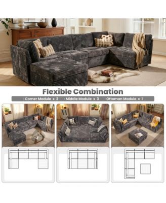 6-Piece Living Room Furniture Sectional Sofa,  L-Shaped Deep Seat Cloud Couch with Chaise Ottoman, Comfy Corduroy Modular Sofa Bed for Home