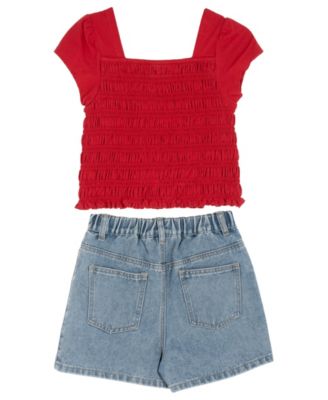 Girls' 7-16 Smocked Top and Cherry Embroidered Denim Short, 3-Piece Set