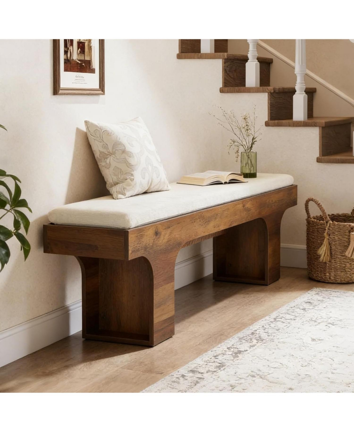 Tribesigns Dining Bench with Linen Cushion, 55.2" Farmhouse Entryway Bench, End of Bed Upholstered Bench