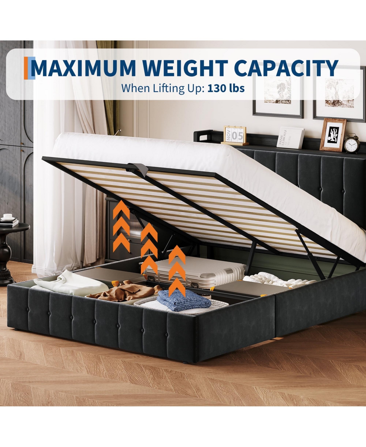 gaomon Upholstered Bed with Button Tufted Wingback Storage Headboard