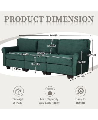 94" 3-Seater Corduroy Sofa Couch with Deep Seats & Removable Cushions