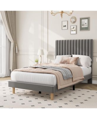 Upholstered Platform Bed Frame with Headboard,Strong Wooden Slats Support