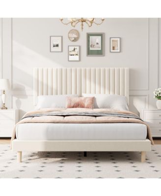 Upholstered Platform Velvet Bed Frame with Headboard,Strong Wooden Slats Support