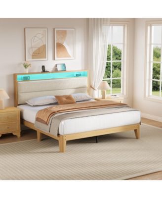 Boucle Upholstered Bed Frame with LED Lights and Charging Station with 2-Tier Storage Shelves