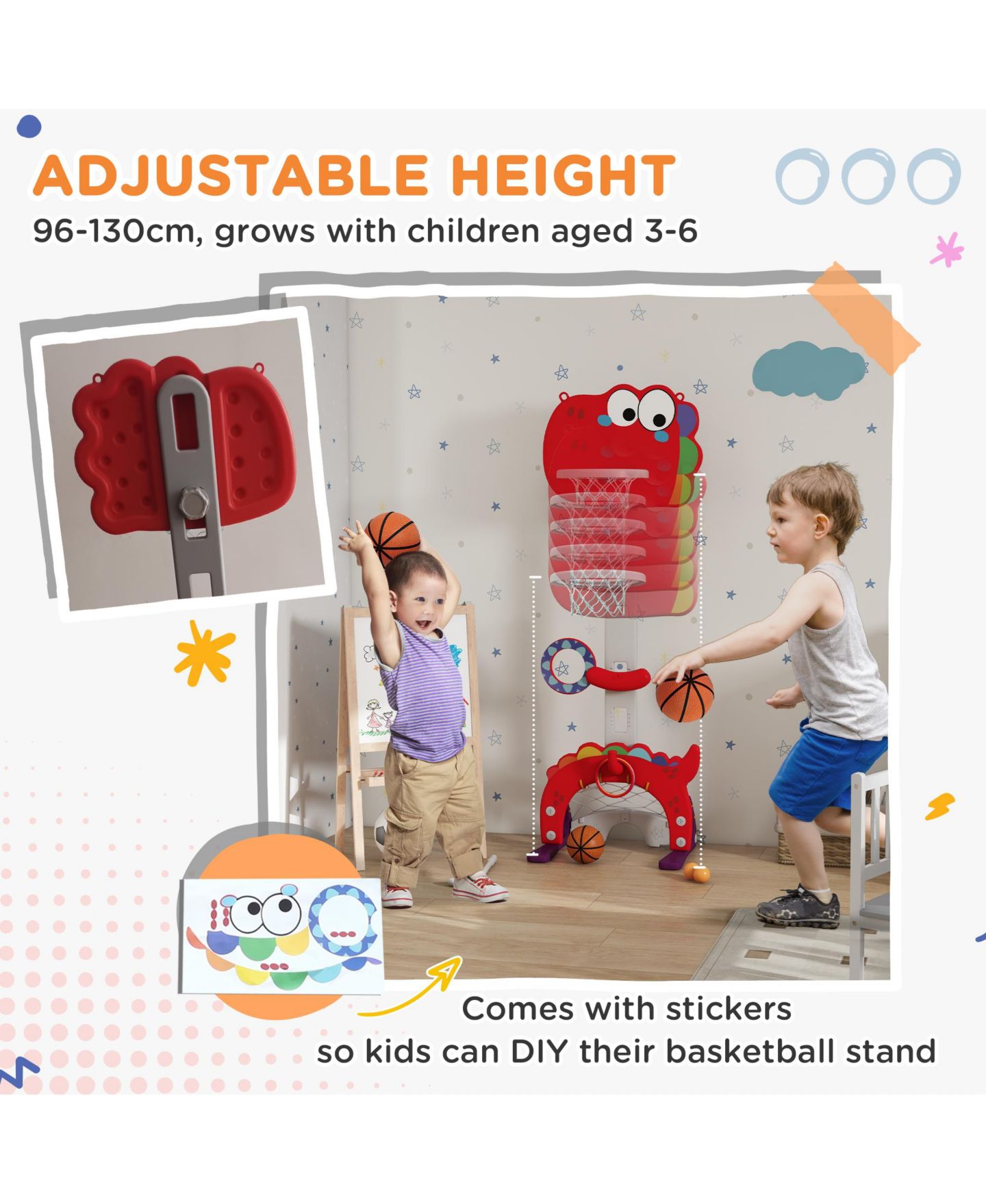 Детская игрушка Qaba Dinosaur-Themed 5-in-1 Kids Basketball Hoop, Height-Adjustable 4.4-5 ft, Ages 3-6 — фото 6