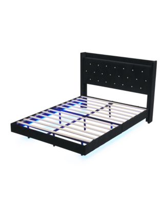 Bed Frame with LED Lights, Modern Wood Floating Bed Frame with Storage,Velvet Upholstered Headboard