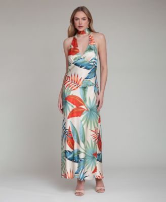 Women's Printed Halter Scarf-Tie Maxi Dress