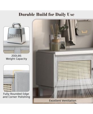 Rattan Shoe Storage Bench, Wooden Shoe Organizer with Cushion, 2 Doors, 2-Tier Shoe Rack and Adjustable Shelves for Entryway, Hallway