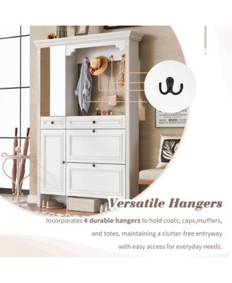 54.7'' Hall Tree, 4-in-1 MDF Entryway Coat Rack with 4 Hooks, Shoe Cabinet and Mirrored Cabinet for Entrance, Living Room
