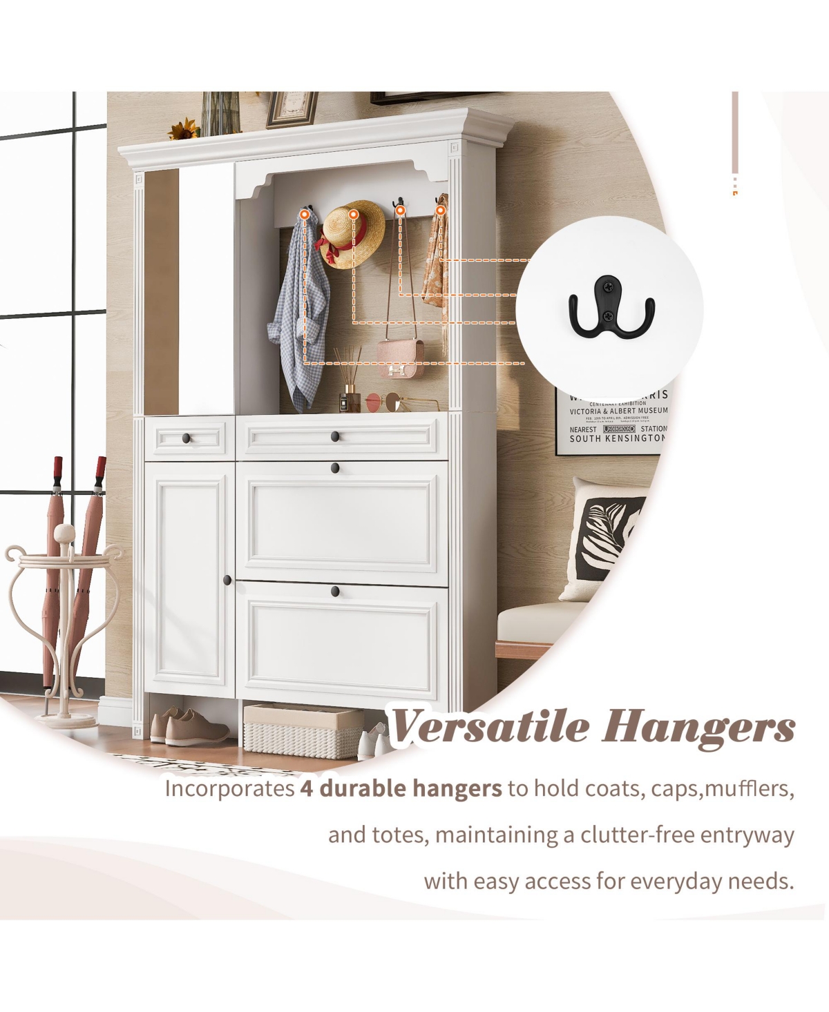 Rainsken 54.7'' Hall Tree, 4-in-1 Mdf Entryway Coat Rack with 4 Hooks, Shoe Cabinet and Mirrored Cabinet for Entrance, Living Room