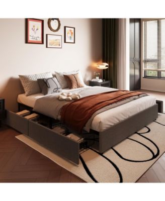 Fabric Upholstered Bed Frame with 4 Storage Drawers, Heavy-Duty Steel Frame