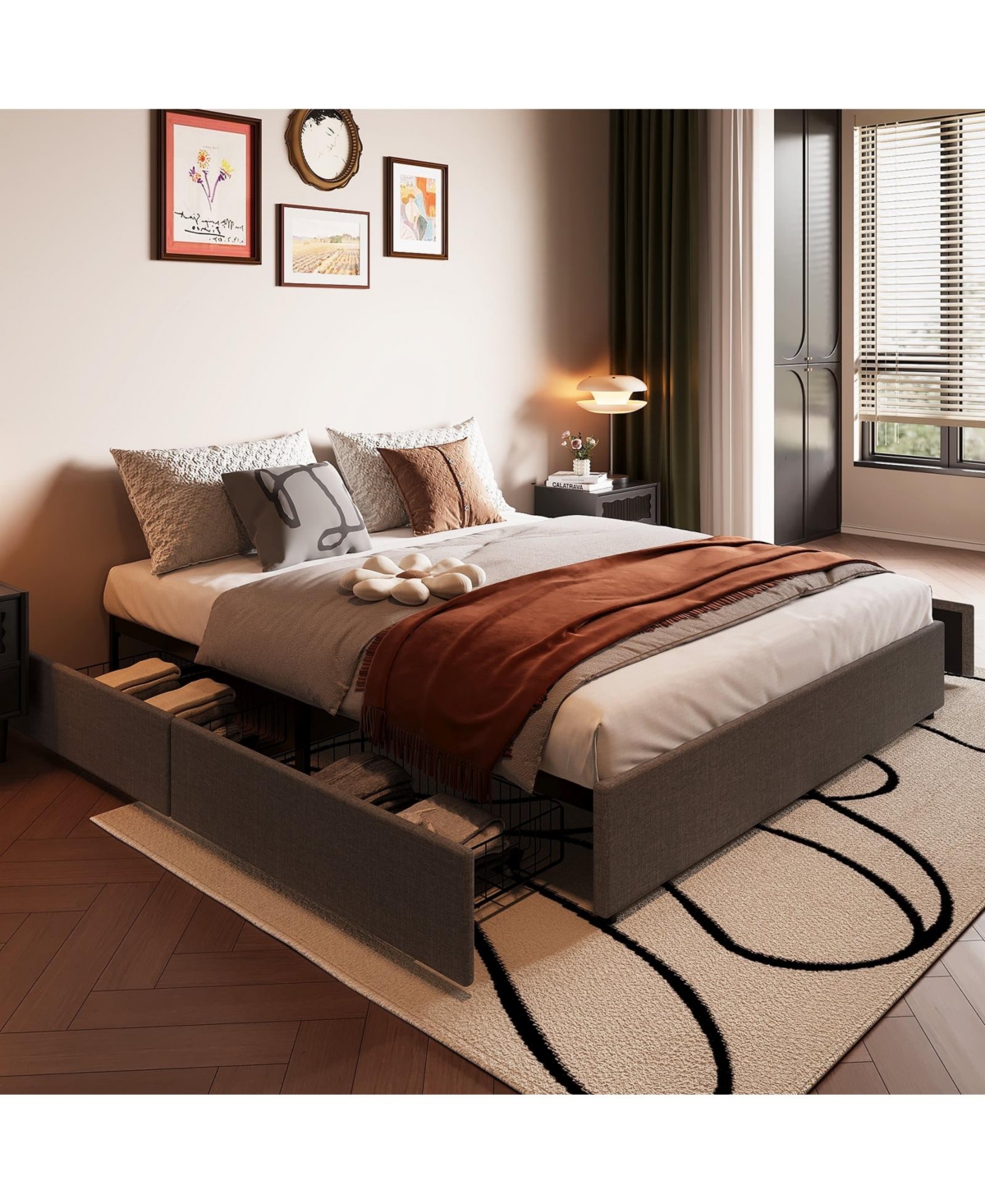 gaomon Fabric Upholstered Bed Frame with 4 Storage Drawers, Heavy-Duty Steel Frame