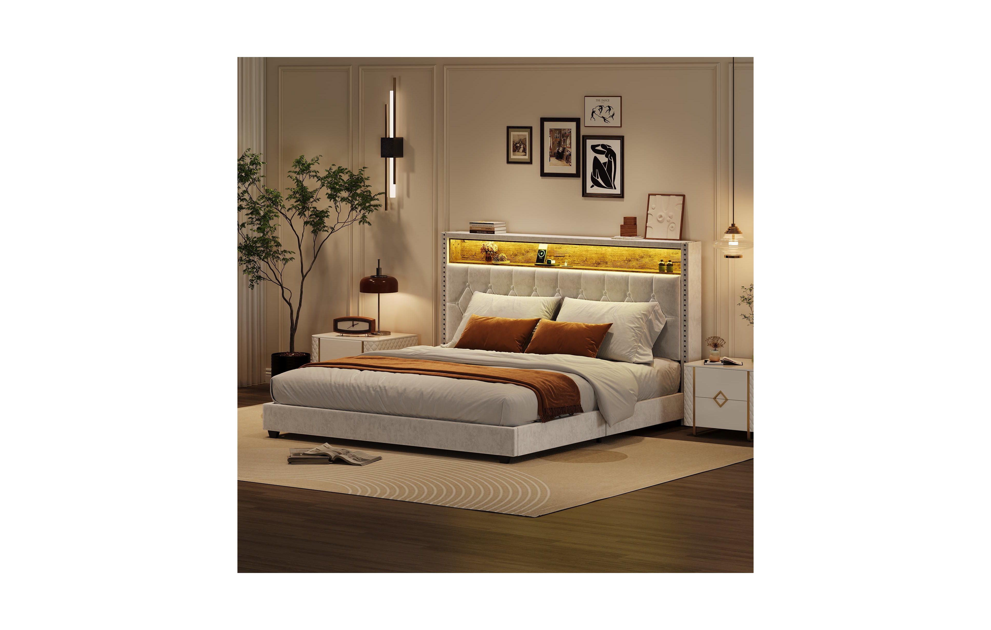 Gaomon Upholstered Bed Frame with Led Lights and Charging Station, Platform Bed with Shelf Headboard