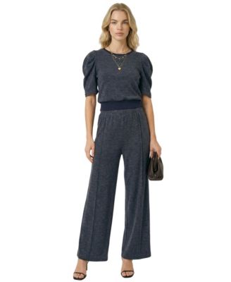 Women's Puff Sleeve Knit Top and Wide Leg Pants Set