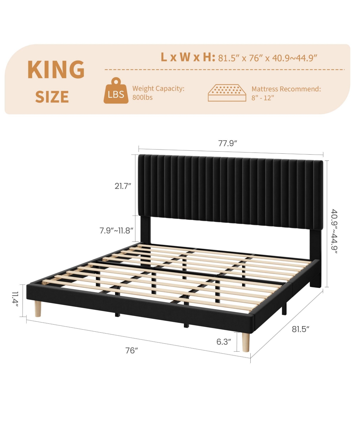gaomon Upholstered Platform Velvet Bed Frame with Headboard,Strong Wooden Slats Support