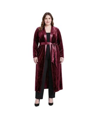 Plus Size Velvet Wrap Satin Belt Long Coat
