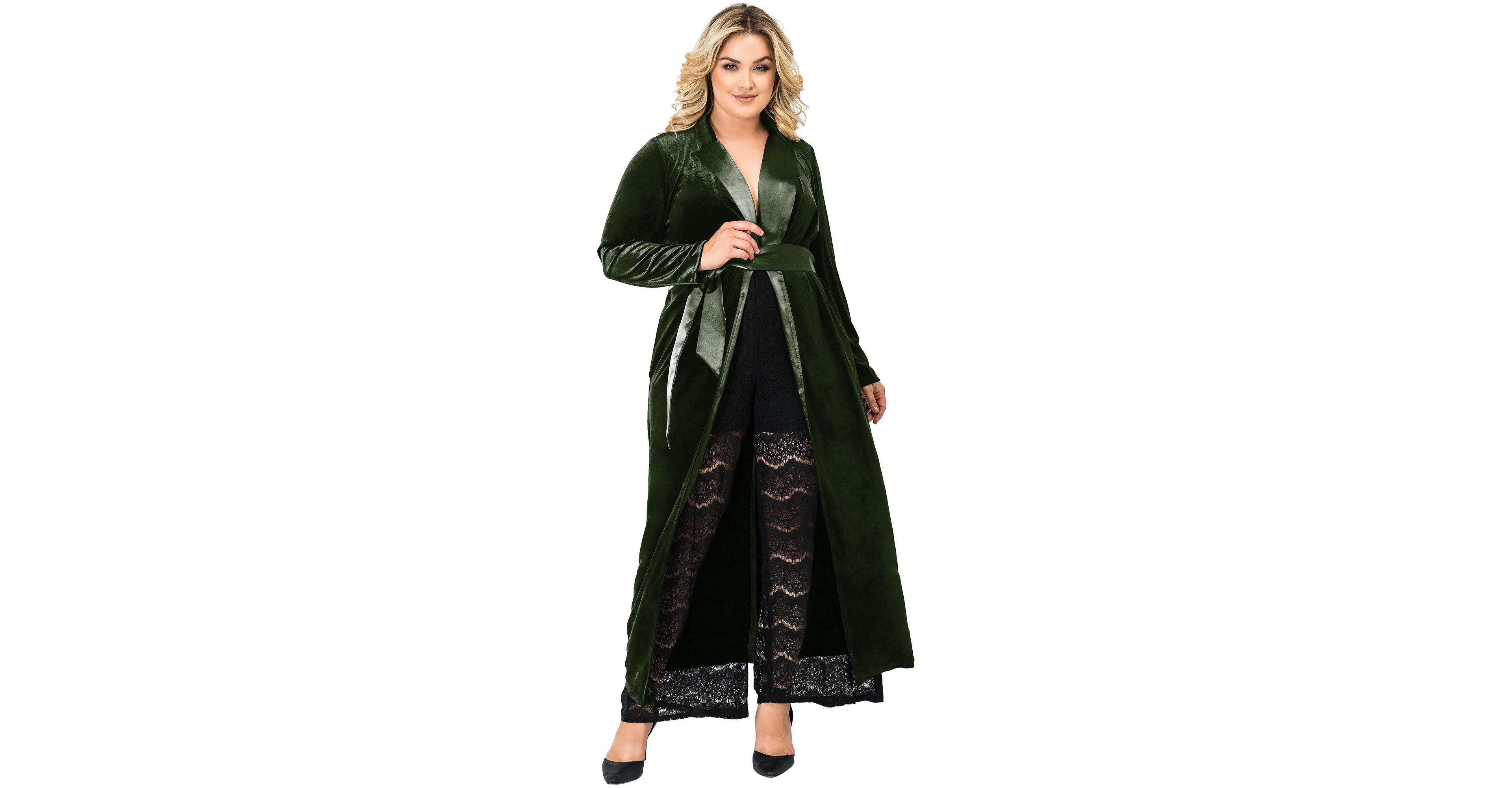 Standards & Practices Plus Velvet Wrap Satin Belt Long Coat