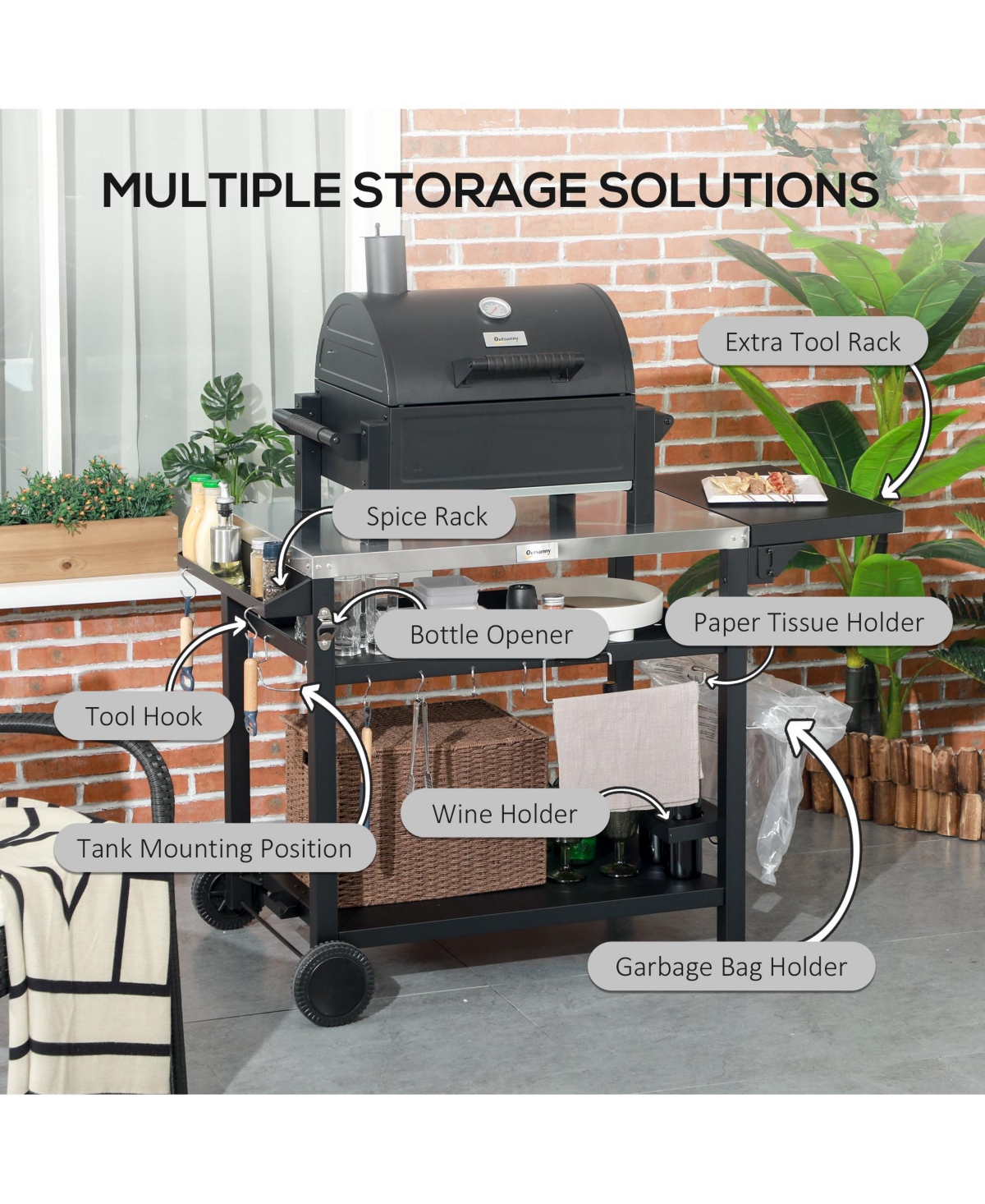 Outsunny Movable Stainless Steel 3-Shelf Outdoor Grill Cart w/ Side Table