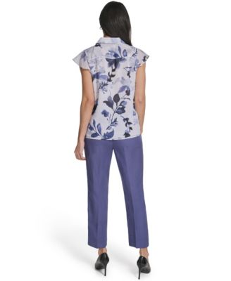 Women's Printed Cap-Sleeve Ruffle Front Top