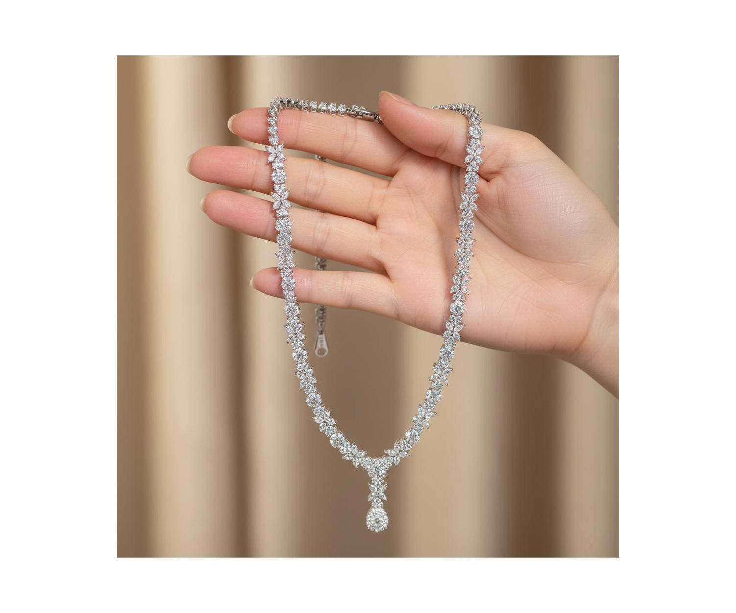 Elegant White Gold Plated Floral Cluster CZ Statement Necklace