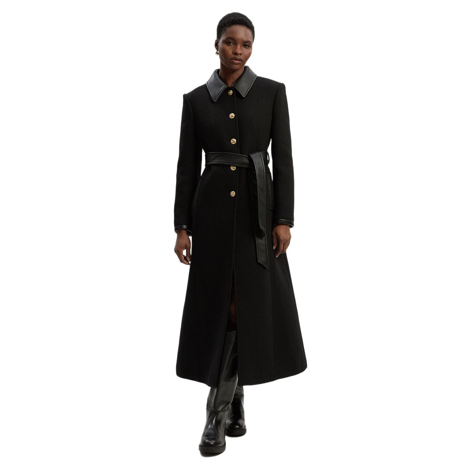 Women's Wool Pu Mix Belted Tailored Maxi Coat