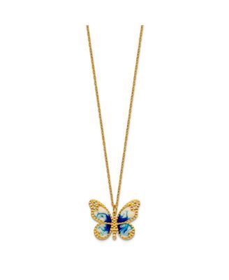 Solid 14k Yellow Gold 18 Inch Italian Blue Enamel Textured Butterfly Necklace