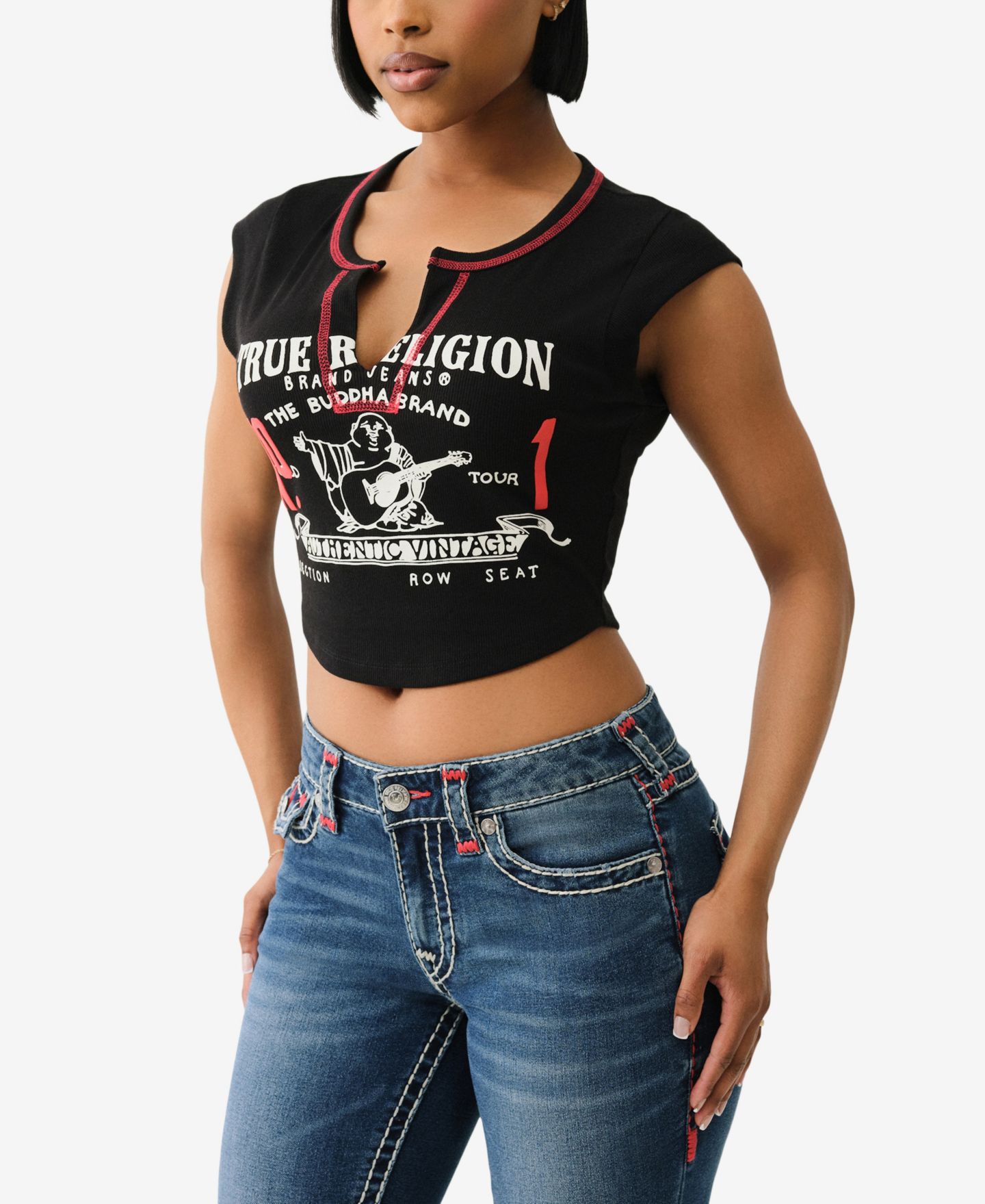 Женская футболка True Religion Contrast Stitch Buddha V-Notch, цвет: Угольно-чёрный — фото 3