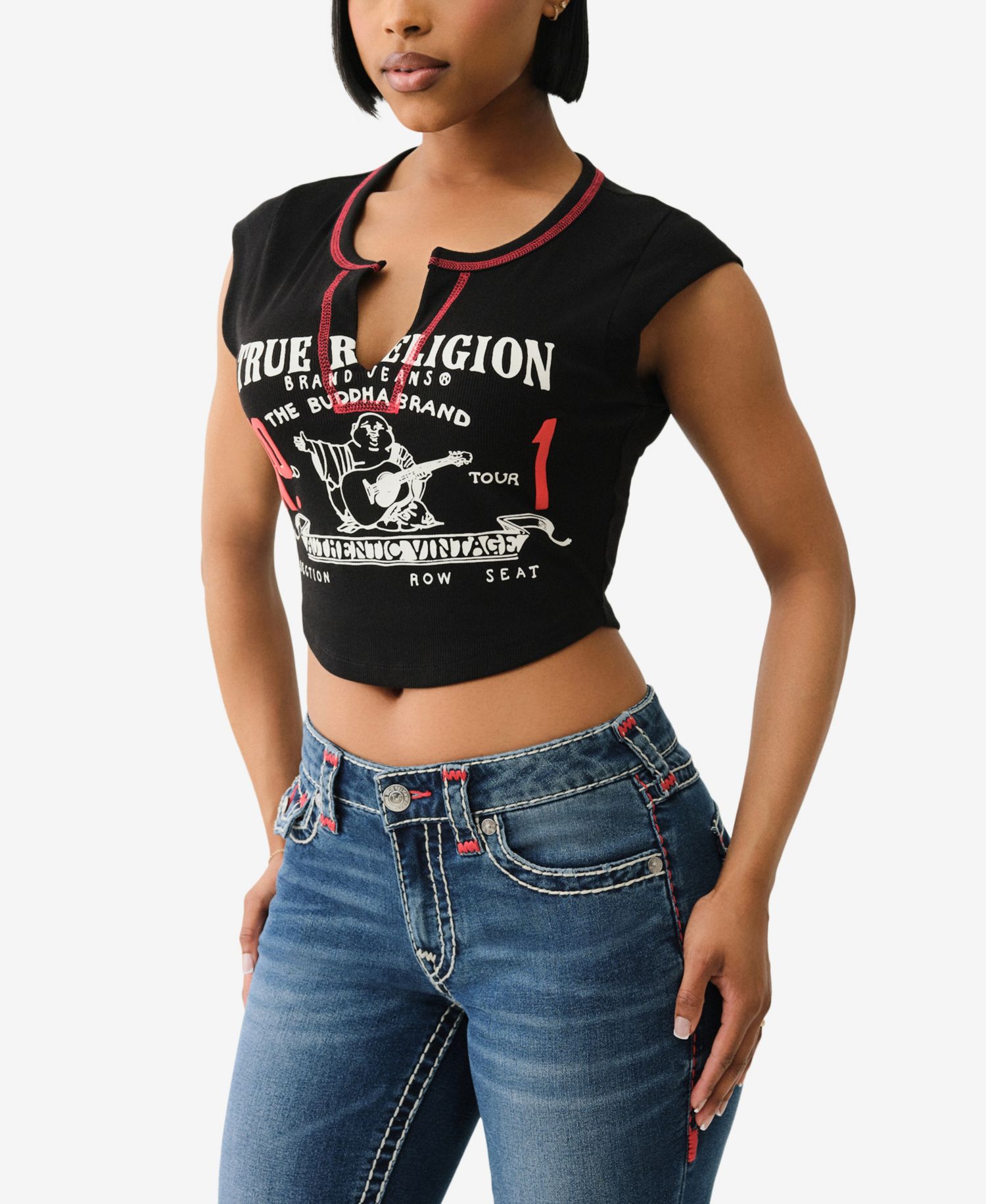 Women's Contrast Stitch Buddha V-Notch T-Shirt