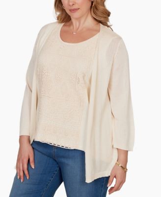 Plus Size Crochet Back Open Front Cardigan Sweater