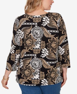 Plus Size Tropical Patchwork Scoop Neck Knit Top
