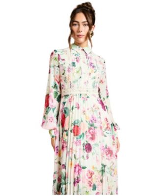 Women's Pleated Lace Trim Midi Dress