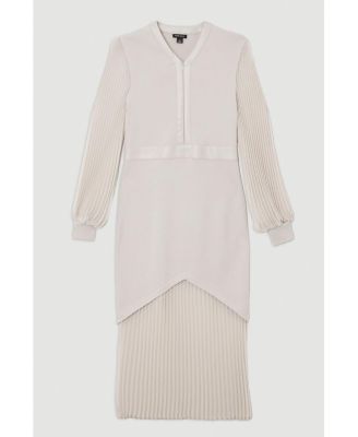 Women's Pu Trim Woven Sleeved Pleated Dress