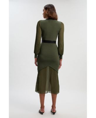 Women's Pu Trim Woven Sleeved Pleated Dress