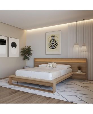 Lido Slatted Bedframe with Wide Headboard with Lights and Shelves