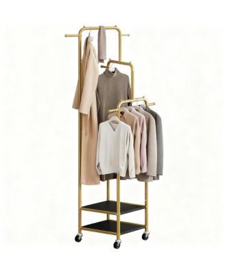 71" Heavy Duty Metal Clothes Rack, 3-Section, 6 Hooks, 2 Shelves, Portable