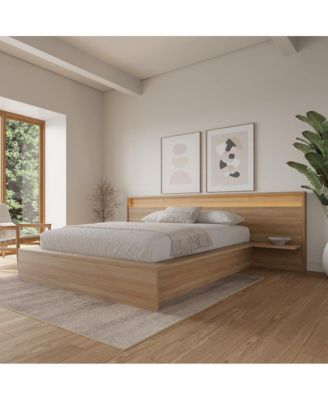 Luna Slatted Bedframe with Wide Headboard with Lights and Shelves